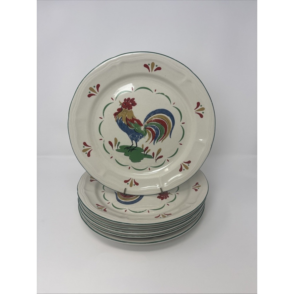 Set Of 6 Vintage 10.5" GIBSON Rooster Multicolor Dinner Plates Stoneware Country